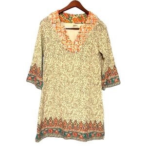 Lucky Brand Beige Floral Embroidered Tunic Dress Size Medium Boho Sequin